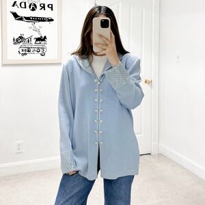 St. John Evening Santana Knit Silver Rhinestone Zip Front Jacket in Light Blue